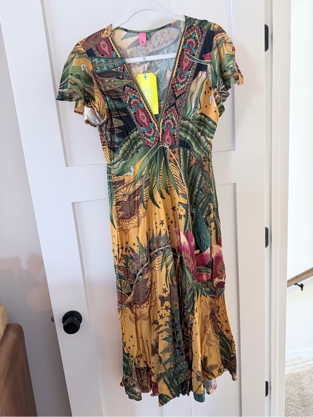 FARM Rio Mustard, Green and Pink Floral Midi Dress
